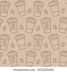 Disposable cups with lid and coffee beans Seamless Pattern in monochrome brown. Coffee drink fond