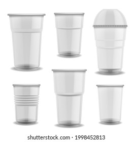 Disposable cups transparent plastic. Glasses with dome lid empty various size for cold and hot drinks, coffee or juice takeaway, blank beverages packaging, tableware vector realistic set