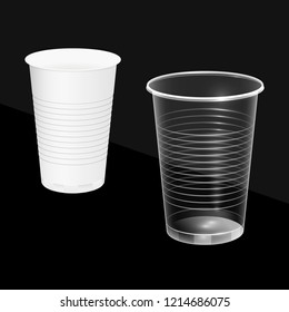 Disposable cups, white and transparent. Burnable dishes. Vector illustration.