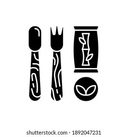 Disposable cutlery black glyph icon. Eco-friendly alternatives. Wooden, bamboo utensils. Traditional plastic forks, spoons, knives. Silhouette symbol on white space. Vector isolated illustration