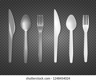 Disposable cutlery from clear and white plastic top view realistic tableware set transparent background isolated vector illustration