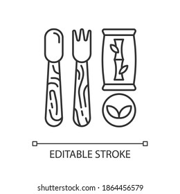 Disposable cutlery linear icon. Eco-friendly alternatives. Wooden, bamboo utensils. Thin line customizable illustration. Contour symbol. Vector isolated outline drawing. Editable stroke