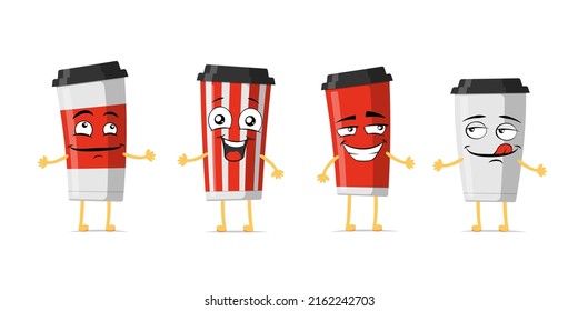 Disposable drink cup funny smiling cartoon character set. Beverage mug cute happy face mascot collection. Vector eps emoticons illustration