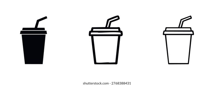Disposable Drink Cup with Straw Icon Set in Glyph, Outline, and Flat Styles