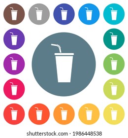 Disposable drinking cup with straw flat white icons on round color backgrounds. 17 background color variations are included.
