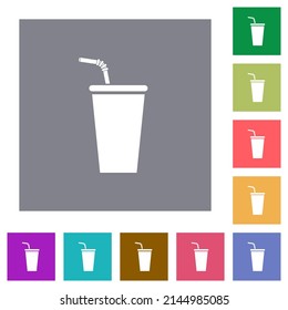 Disposable drinking cup with straw flat icons on simple color square backgrounds