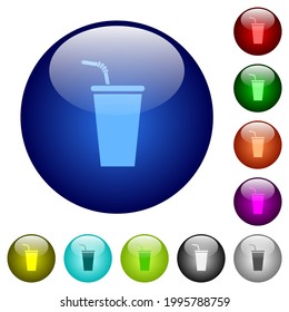 Disposable drinking cup with straw icons on round glass buttons in multiple colors. Arranged layer structure