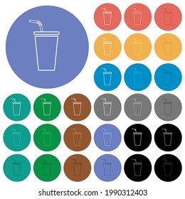 Disposable drinking cup with straw multi colored flat icons on round backgrounds. Included white, light and dark icon variations for hover and active status effects, and bonus shades.