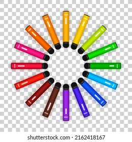 Disposable E-cigarettes wheel sorted by the color of the rainbow. Electronic cigarettes in different flavours on transparent background. Vector illustration