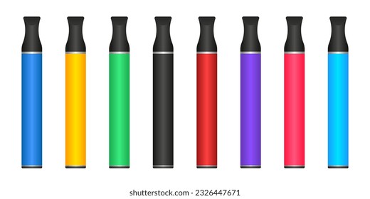 Disposable electronic cigarettes placed by the color of the rainbow. E-cigarettes in different flavours sorted by color on transparent background. Modern smoking devices. Vector illustration