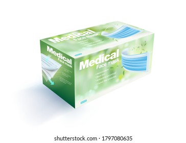 Disposable face mask packaging box contains 50 pieces, blurred natural green background.
Realistic mock up  file.