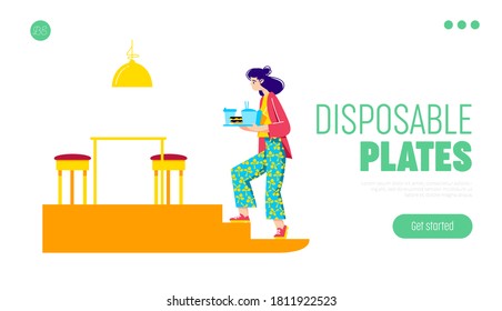 Disposable food package landing page design with woman holding tray with fast food and coffee packed in paper dishes. Eco friendly food serving concept. Vector illustration