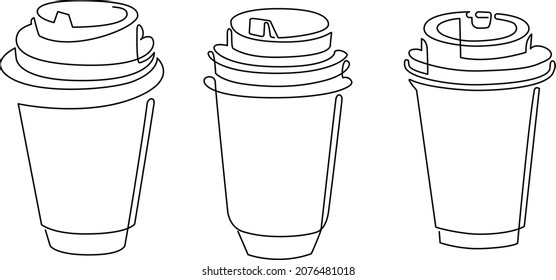 Disposable glasses for hot drink fast food. Continuous line drawing. Vector illustration.