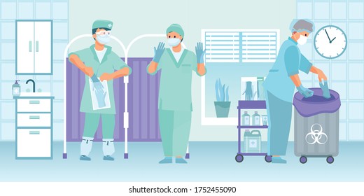 Disposable Gloves Flat Composition Set With Hospital Scenery And Medical Specialists Wearing And Tossing Out Gloves Vector Illustration