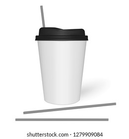 Disposable to go white paper coffee cup with black plastic lid and drinking straws, vector mockup.