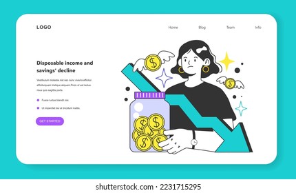 Disposable income and savings' decline as unemployment consequence web banner or landing page. Social problem of occupancy, job offer and workplace shortening. Economy theory. Flat vector illustration