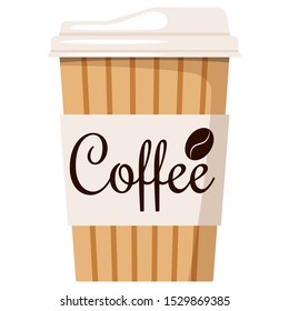 Disposable kraft brown, white paper hot coffee or tea cup with cap and holder icon isolated on white background, front view, designed coffee grain, flat style vector illustration take away pack.