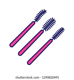 Disposable mascara wands color icon. Eyelashes brushes types. Lash spooler. Eyelash extension applicator. Makeup tool. Isolated vector illustration