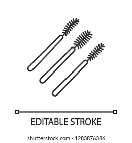 Disposable mascara wands linear icon. Thin line illustration. Eyelashes brushes types. Lash spooler. Eyelash extension applicator. Contour symbol. Vector isolated outline drawing. Editable stroke