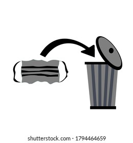 Disposable mask into the trash . Style Vector isolated on white background.