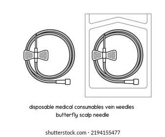 disposable medical Consumables  Vein Needles butterfly Scalp needle diagram for experiment setup lab outline vector illustration