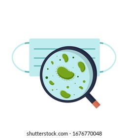 Disposable Medical Facial Mask with Magnifier and Bacteria. Flat vector illustration isolated on white background.