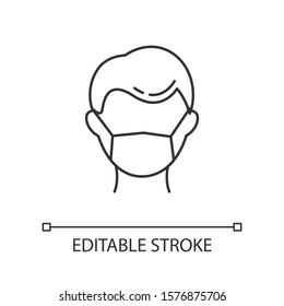 Disposable medical mask linear icon. Common cold. Contagious disease. Respiratory problem. Medical worker. Thin line illustration. Contour symbol. Vector isolated outline drawing. Editable stroke