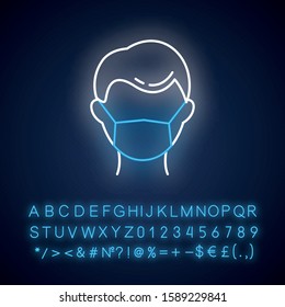 Disposable medical mask neon light icon. Common cold. Influenza virus prevention. Medical worker. Healthcare. Glowing sign with alphabet, numbers and symbols. Vector isolated illustration