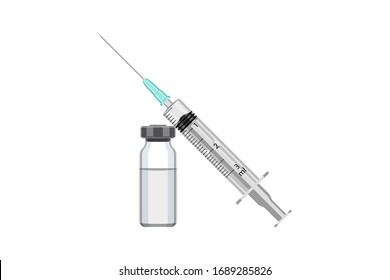 Disposable medical syringe and bottle with liquid drug isolated on white background. Treatment, immunization and vaccination concept. Vector illustration