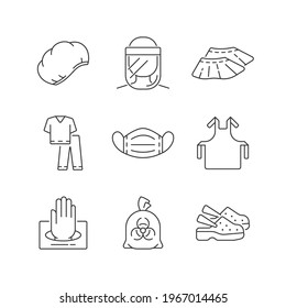 Disposable medical uniform linear icons set. Surgical cap. Gloves in box. Infectious waste bag. Customizable thin line contour symbols. Isolated vector outline illustrations. Editable stroke