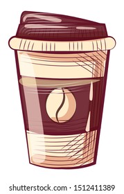 Disposable mug with lid, coffee container with cap isolated sketch. Vector takeaway dishware, java bean, cup for espresso and latte, beverage label