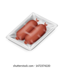 Disposable package box sausage meat food pack isolated isometric realistic 3d shop design vector illustration