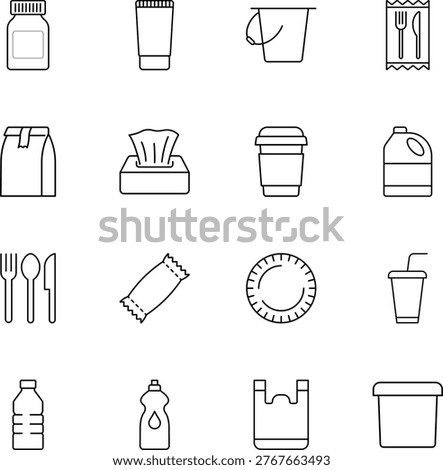 Disposable packaging food household items containers icons