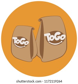 disposable paper bags with fast food.coffee house banner.  beverages and fast food to go. Take away  cafe logo concept. Take-out