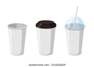 Disposable paper beverage cup templates set for coffee, soda or cocktail with black and transparent hemisphere lid. 3d blank white large cardboard soft drinks packaging collection vector illustration