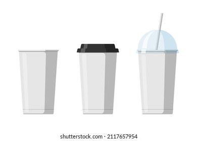 Disposable Paper Beverage Cup Templates Set For Coffee, Soda Or Cocktail With Black And Transparent Hemisphere Lid. Blank White Large Cardboard Soft Drinks Packaging Collection Vector Eps Illustration