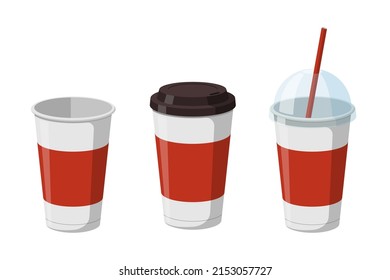 Disposable Paper Beverage Cup Templates Set For Coffee, Soda Or Cocktail With Black And Transparent Hemisphere Lid. 3d Blank White And Red Large Cardboard Soft Drinks Packaging Collection. Vector Eps