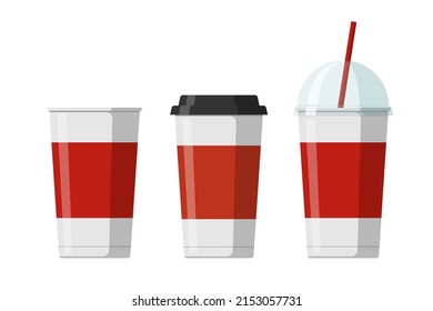 Disposable Paper Beverage Cup Templates Set For Coffee, Soda Or Cocktail With Black And Transparent Hemisphere Lid. Blank White And Red Large Cardboard Soft Drinks Packaging Collection. Vector Eps