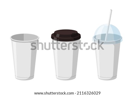 Disposable paper beverage cup templates set for coffee, soda or cocktail with black and transparent hemisphere lid. 3d blank white large cardboard soft drinks packaging collection vector illustration