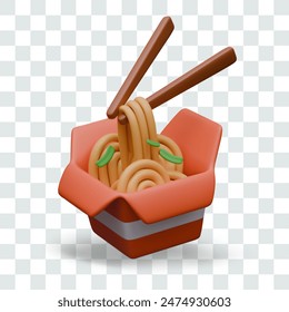 Disposable paper box with noodles, greens, chopsticks. Asian food template