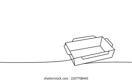 Caja de cartón de papel desechable con un plano continuo de línea. Cajas de cartón vacías, bolsas de comida para llevar, ilustración continua de una línea.