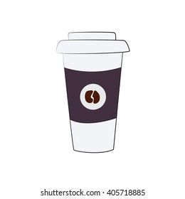 Disposable paper coffee cup to go white with violet heat prevention carton with coffee beans. Hand drawn for website, poster or postcard. Vector illustration.