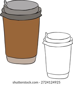 Einwegkaffeetasse aus Papier, einzelne Illustration. Vektorgrafik Linie farbige Kunst. Design für Modegrafiken, Textildrucke, Stoffe, Tapeten. Für Logo, Web, Paket, Aufkleber.

