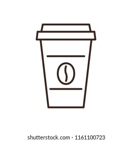 Disposable paper coffee cup linear icon isolated on white background. Take away hot drink vector illustration. Coffee shop design element. Cafe or restaurant menu symbol. Coffee house outline logo