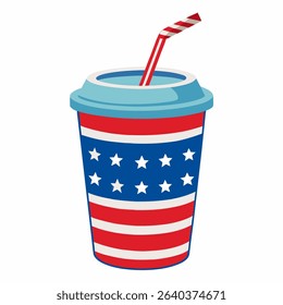 Disposable paper coffee cup United state flag style and striped plastic straw. Party paper cups, American flag cup, USA flag coffee cup. Vector illustration on a white background.