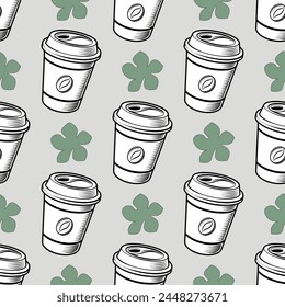 Disposable Paper Coffee cups with lid take away. Vector seamless pattern for decorative print, wrapping paper, greeting cards, wallpaper and fabric