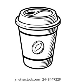 Disposable Paper Coffee cups with lid take away. Vector illustration. Black and white outline style.