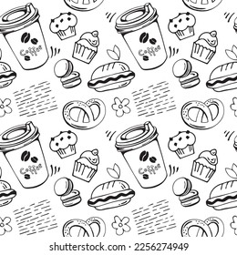 Disposable paper cup with coffee, Hot dog, Muffin, Cupcake, Pretzel, leaves, flowers, decorative elements linear sketch black and white isolated on white background seamless pattern