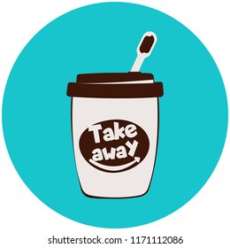 disposable paper cup of coffee with Take away flat vector logo and plastic spoon.  coffee house banner. Tea or milkshake cup.  beverages and street fast food to go