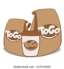 disposable paper cup of coffee with Take away logo and plastic spoon. Paper bags  with fast food.coffee house banner. Tea or milkshake cup.  beverages and fast food to go. Take-out  cafe logo concept